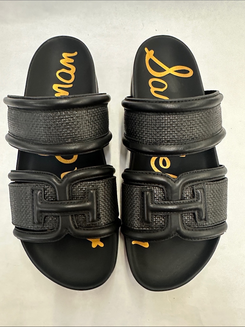 Black Weave Logo-Detail Double Strap Slide Sandals Sam Edelman Women’s 7M Rowan